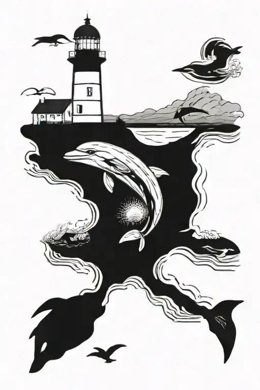 A powerful lighthouse guiding a pod of lost dolphins to safety tattoo design idea