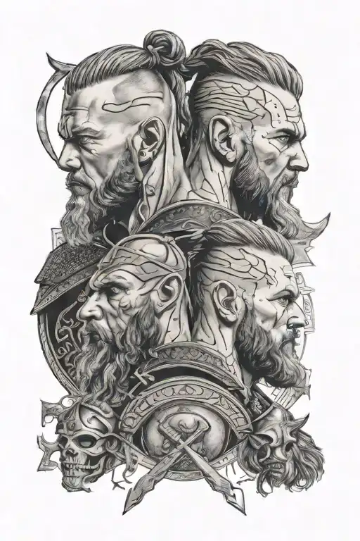 - Ragnar and agathar lothbrock portrait from the tv series “Vikings” in a well known pose together - Viking battle axes tattoo design idea