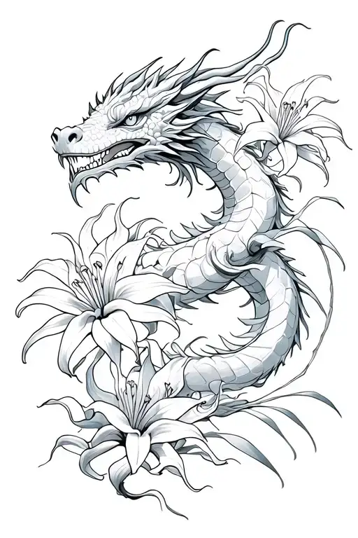 a fineline, japanese Dragon with almost no details, wrapped around 2 spider lilies who are very fine line tattoo design idea
