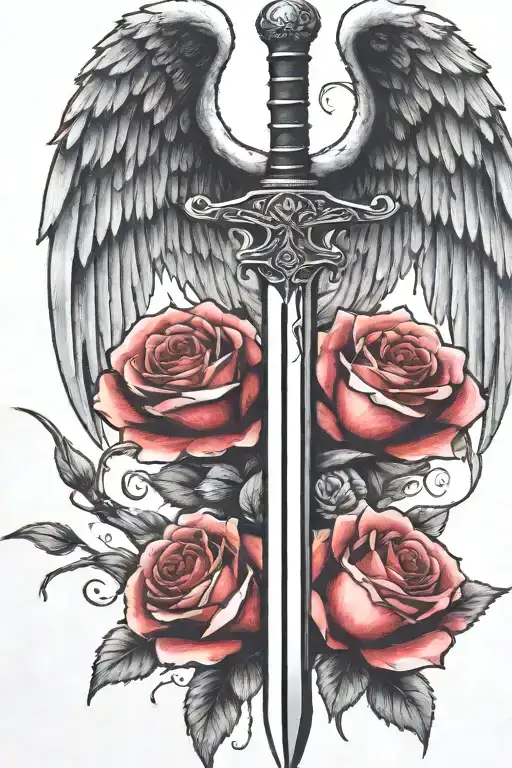 angel wings behind a sword, roses tattoo design idea