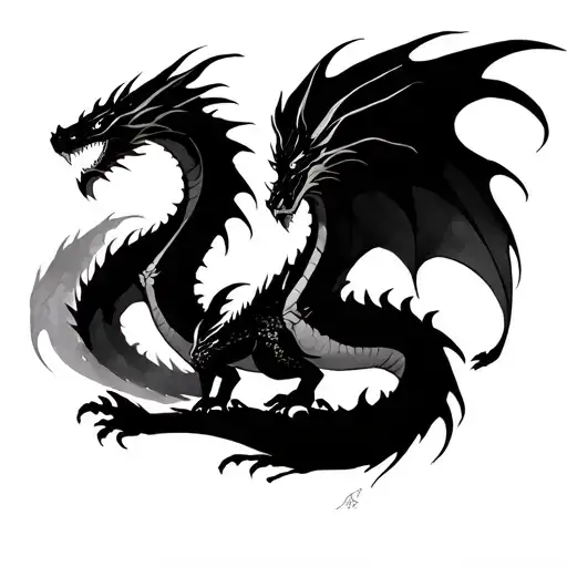 sumi e japanese brush stroke style of a large dragon and a smaller dragon. The large dragon reminds me of ice cubes tattoo design idea