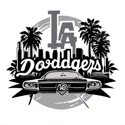 Los Ángeles half sleeve skyline with La dodgers logo palm trees sun highway 5 sign big tattoo tattoo design idea