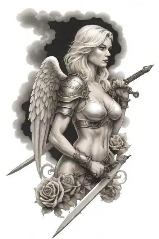 A Sexy Blond Female Angel As A Warrior With a big sword and Some Clouds and A Rose  tattoo design idea