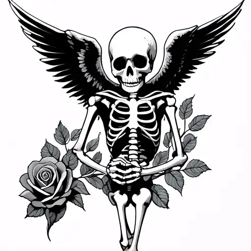 Skeleton with open angel wings offering a rose tattoo design idea