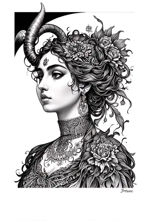 Modern goddess Fortuna, with a horn of abundance, in a chocker tattoo design idea