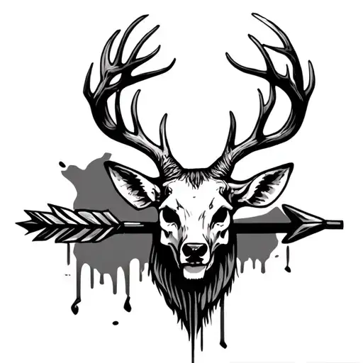 leg sleeve tattoo with skull deer head with antlers on the knee cap, an arrow coming down from that to the ankle,  tattoo design idea