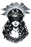 Womann blindfolded with a crown of thorns above a graveyard with clouds above her not full body in a dark Victorian styl tattoo design idea