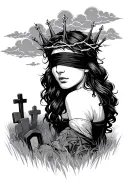 Womann blindfolded with a crown of thorns above a graveyard with clouds above her not full body in a dark Victorian styl tattoo design idea