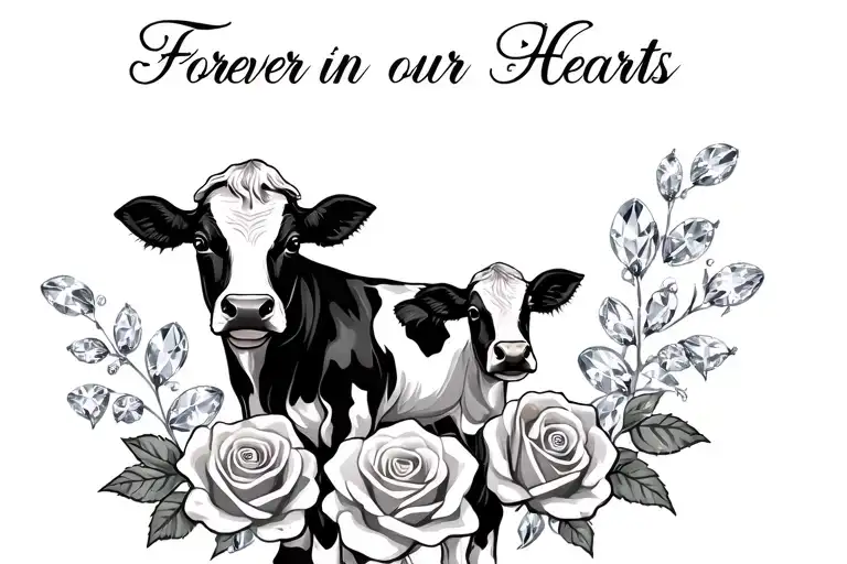 "Forever in our Hearts " "Forever in our Hearts " "Forever in our Hearts " "Forever in our Hearts " Roses, diamonds,cow, and baby cow  tattoo design idea