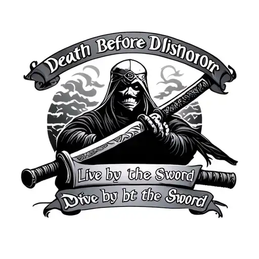 katana that says death before dishonor at the top and live by the sword die by the sword at the bottom tattoo design idea