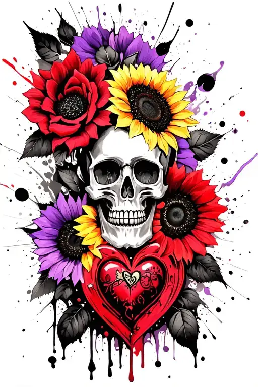 skull roses purple heart sunflowers steampunk tattoo design idea