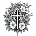 white out cross with lower part god greater than highs and lows symbol surrounded by carnations and geraniums  tattoo design idea