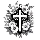white out cross with lower part god greater than highs and lows symbol surrounded by carnations and geraniums  tattoo design idea