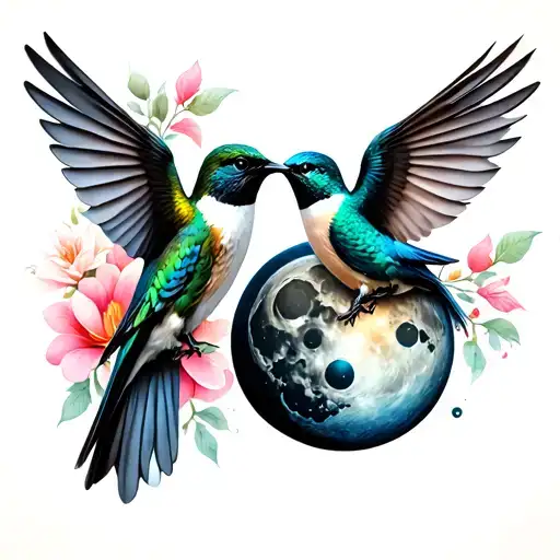 2 humming birds moon cycles tattoo design idea
