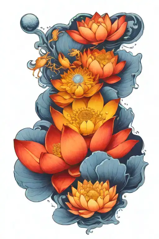 lotus flower, crab, moon phases tattoo design idea