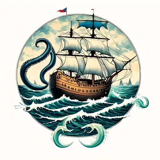 giant squid wrapped round a ship sailing through stormy waters tattoo design idea