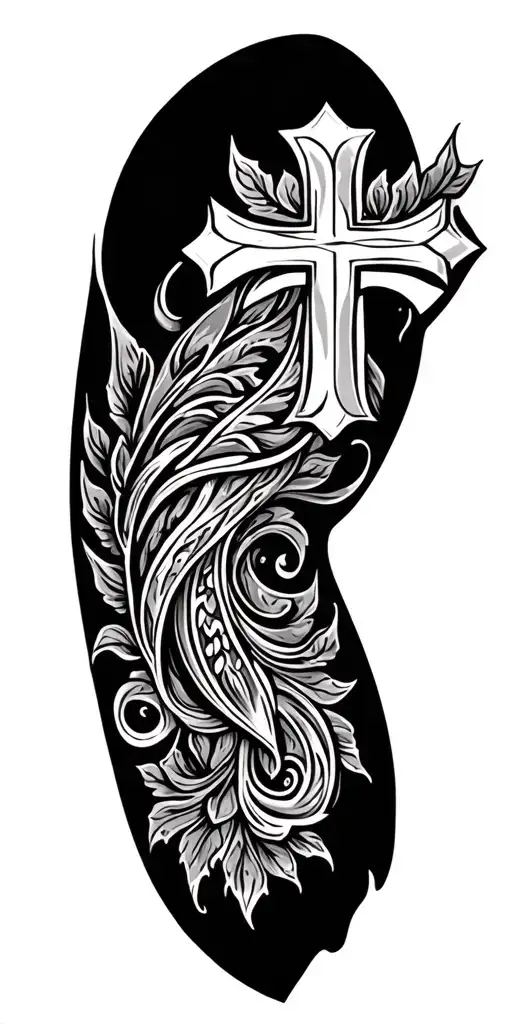 tooled leather Paisley with a cross on the bicep outline in fine tattoo design idea