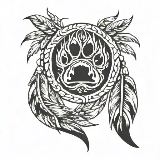 bear paw print with sweetgrass braid and feathers tattoo design idea