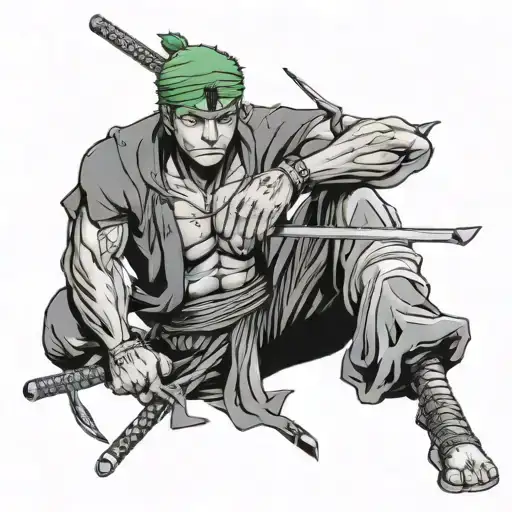 Zoro one piece with swords and bandana wrapped tattoo design idea