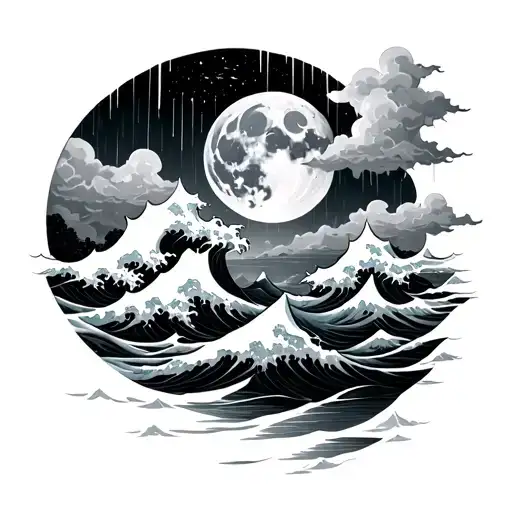 i want a black and grey tattoo sleeve featuring a night sky and a moon with rain clouds flooding into japanese waves tattoo design idea