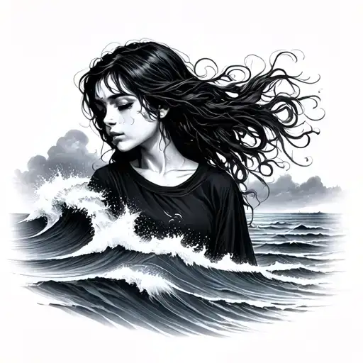 a story about the loss of a mother and mental health struggles and trauma from a tsunami and robbed from a normal life,  tattoo design idea