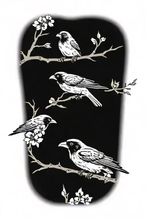 1 Black and grey cherry tree branch with black and grey blossoms and 3 small ravens forearm tattoo tattoo design idea