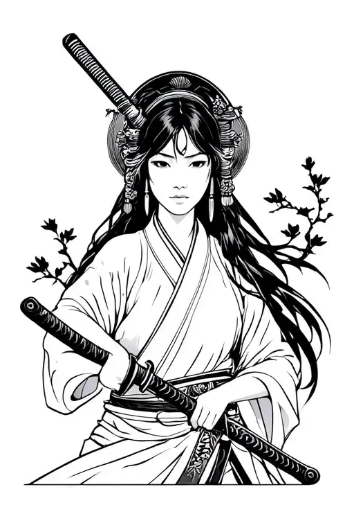 woman japanese samuria girl holding sword tattoo design idea