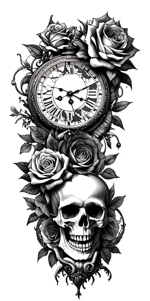 skulls, roses, clock, heaven, hell tattoo design idea