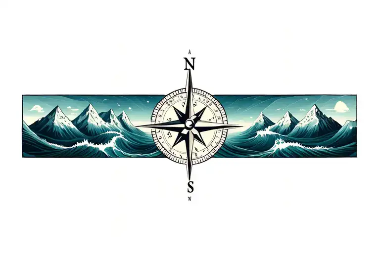 large compass with long north point surrounded by intricate geometric moutains and waves. tattoo design idea
