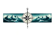 large compass with long north point surrounded by intricate geometric moutains and waves. tattoo design idea