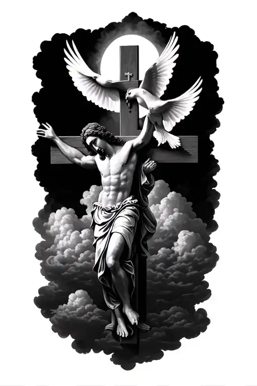 2 doves over Jesus Christ while he is overlooking a cross with clouds behind everything tattoo design idea