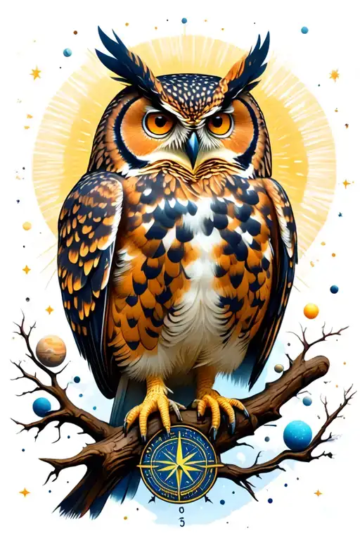 realistic great horned owl perched on tree of life branch with golden aura, indigo background with planets, compass tattoo design idea