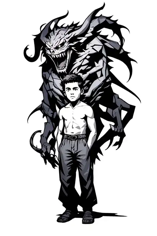 a boy standing with a scary demon towering behind and wrapped around him tattoo design idea