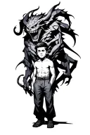 a boy standing with a scary demon towering behind and wrapped around him tattoo design idea