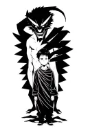 a boy standing with a scary demon towering behind and wrapped around him tattoo design idea