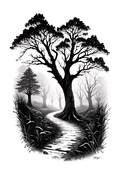 dark forest Pathway tattoo design idea