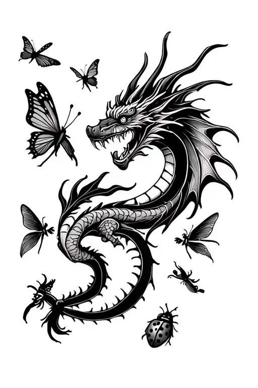 simple design of dragon with a butterfly, dragonfly, cardinal, and ladybug around it tattoo design idea