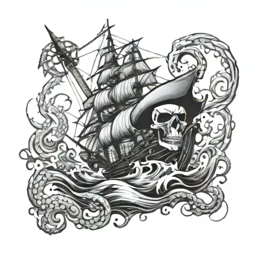 Incorporate a kraken attacking a ship with a skull as the captain in a black-grey style tattoo tattoo design idea