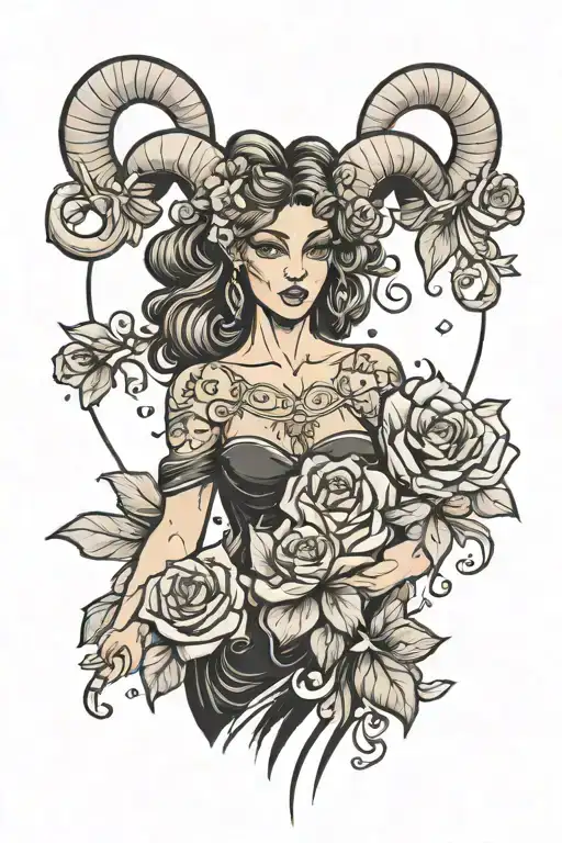 Aries girl with pronounced pumped up muscles, holding flowers, standing in a black dress. In cartoon style. tattoo design idea