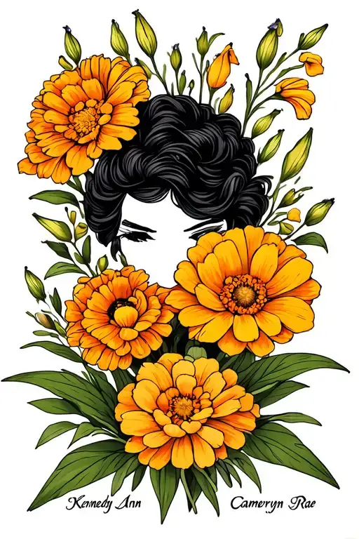 marigold and gladiolas flowers with the names Kennedy Ann and Cameryn Rae tattoo design idea