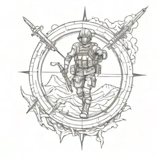 A sketch style tattoo of a battlefield scene with a compass as the focal point, representing the soldier's courage and determination in the face of adversity tattoo design idea