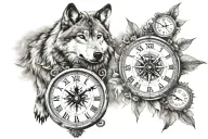 wolf, compass and clock tattoo design idea