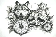 wolf, compass and clock tattoo design idea