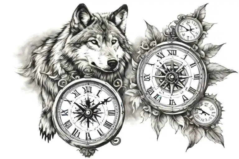 wolf, compass and clock tattoo design idea