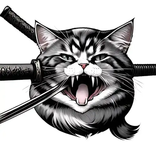 a katana with the loyalty enlarged in Japanese, which is in the mouth of a cat tattoo design idea