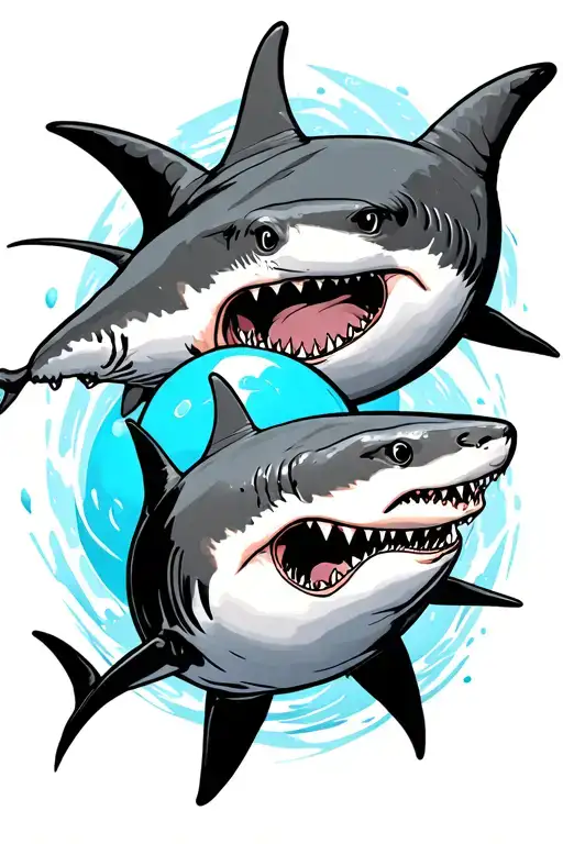 2 sharks together and one left out to the side with a blue ball tattoo design idea