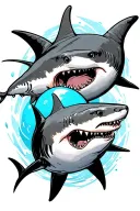 2 sharks together and one left out to the side with a blue ball tattoo design idea