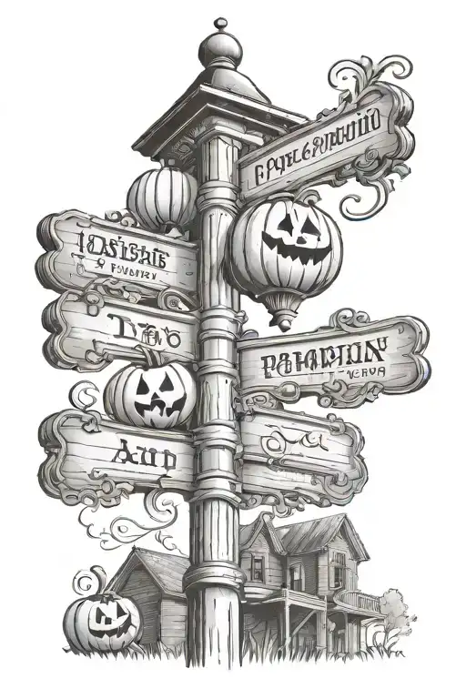 directional signs to places on a lamp post with a pumpkin at the bottom tattoo design idea