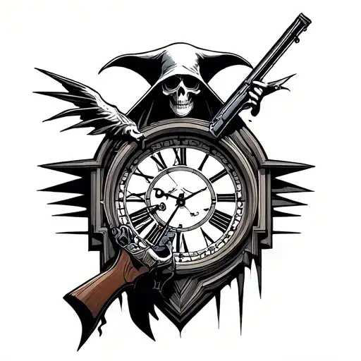 grim reaper holding 22 marlin rifle  grandfather clock  tattoo design idea