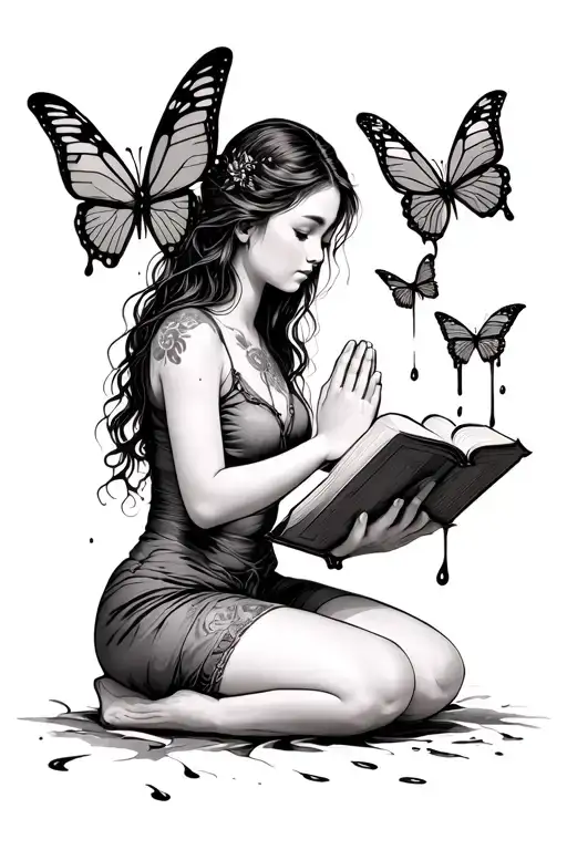 a girl on her knees praying with a bible in front of her, butterflies coming out of the bible and oil dripping from her  tattoo design idea